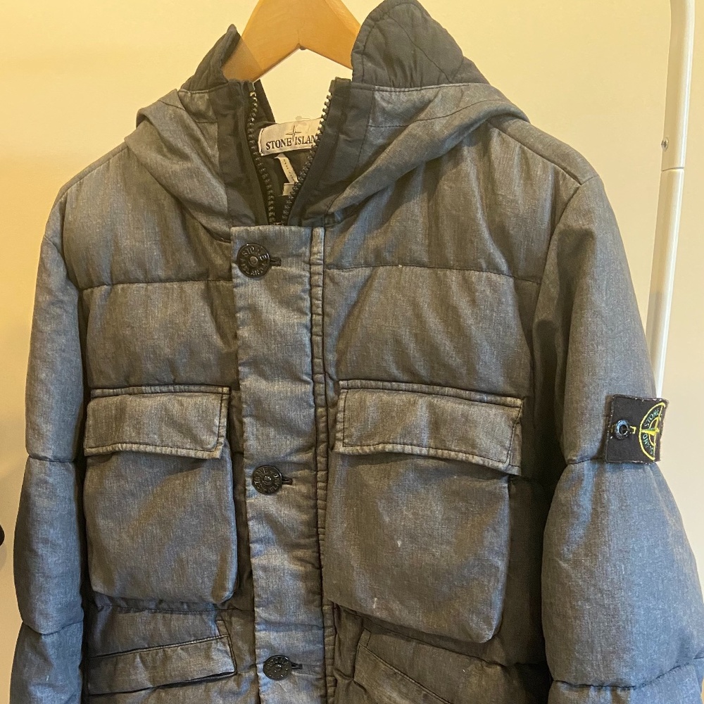 STONE ISLAND BLACK DOWN PUFFER W FAUX FUR HOOD